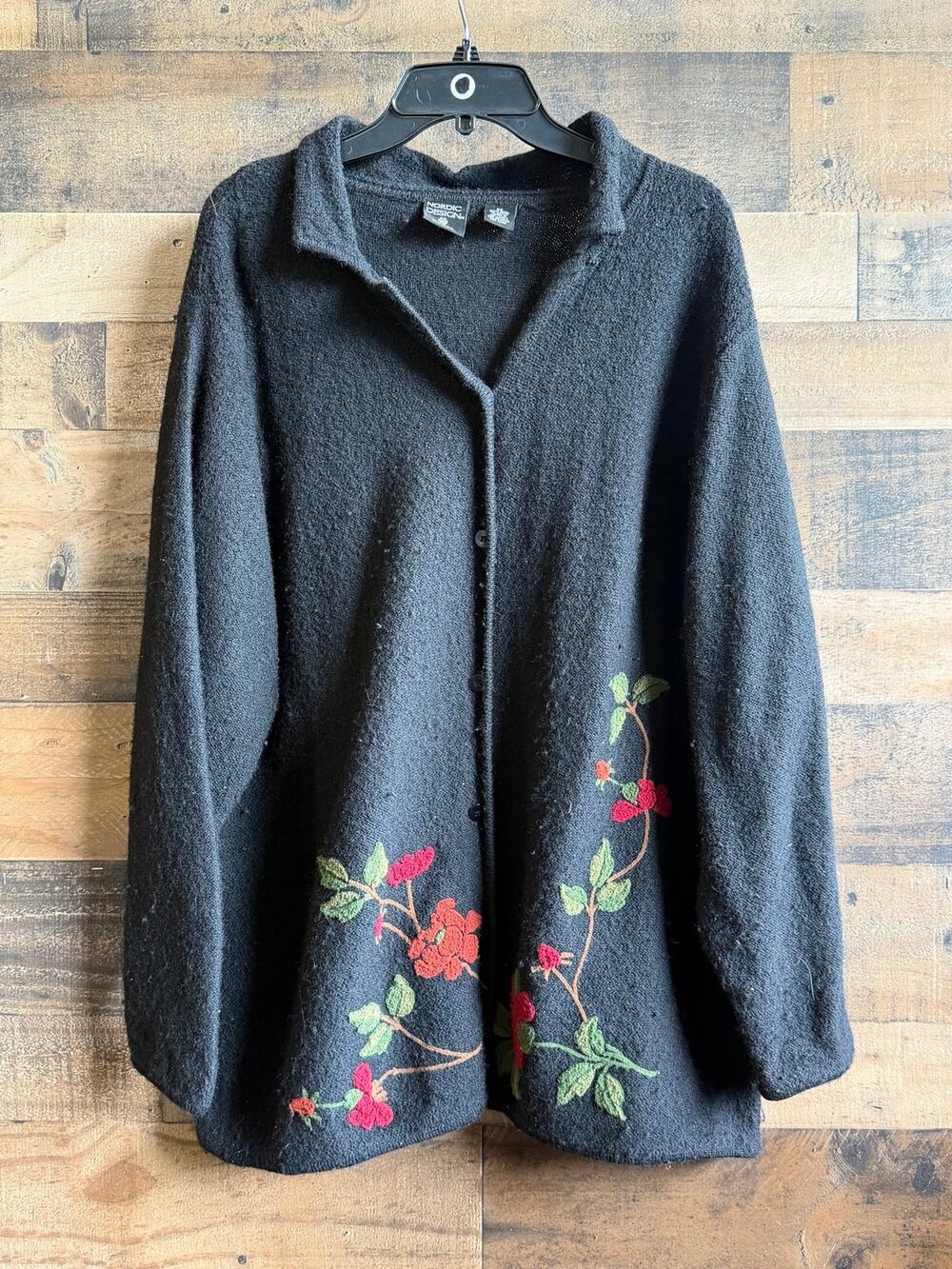 Vintage Nordic Design 100% Wool Floral Embroidered Button-Up Cardigan Jacket -2X